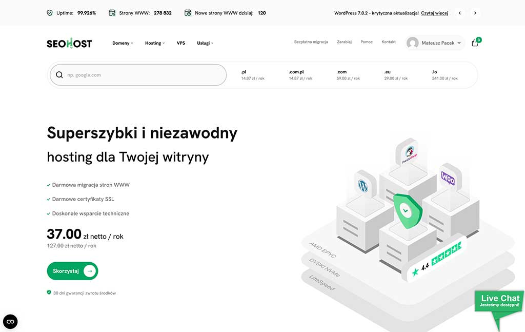 Screen przedstawia stronę główną seohost.pl