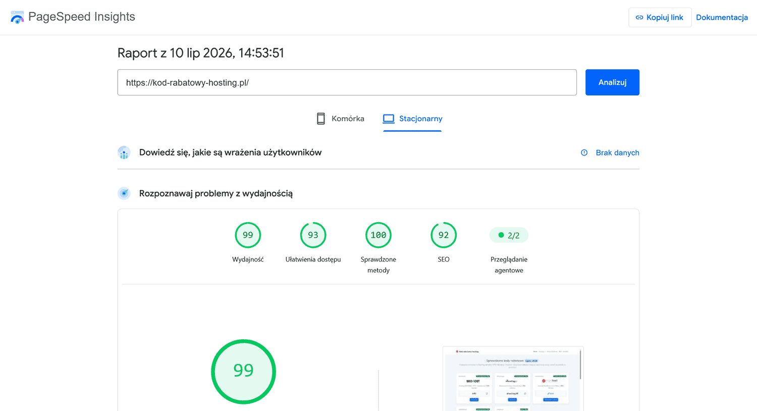 screen narzędzia PageSpeed Insights z testem strony kod-rabatowy-hosting.pl 